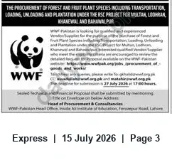 Newspaper clipping: WWF-Pakistan RFP: Supply, Transport and Plantation of Forest & Fruit Plants for Multan, Lodhran, Khanewal & Bahawalpur, Express, 15 Jul 2026