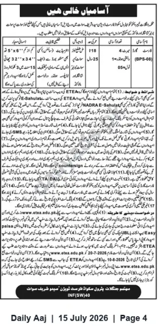 Newspaper clipping: Government Vacancies (BPS-08) — Apply via ETEA — Swat, Daily Aaj, 15 Jul 2026