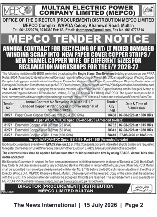 Newspaper clipping: MEPCO Tender: Annual Contract for Recycling HT/LT Damaged Winding Scrap (FY 2026-27), The News International, 15 Jul 2026