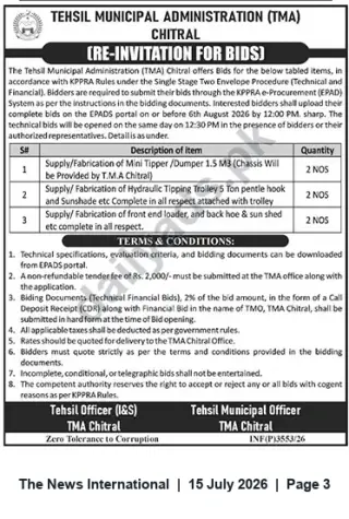 Newspaper clipping: TMA Chitral Re-Invitation for Bids: Mini Tippers, Hydraulic Trolleys and Loaders, The News International, 15 Jul 2026