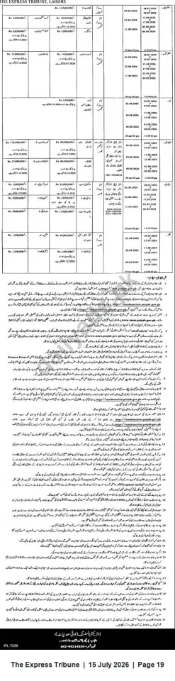 Newspaper clipping: Public Auction Notice — Multiple Properties (Published in The Express Tribune, Lahore), The Express Tribune, 15 Jul 2026