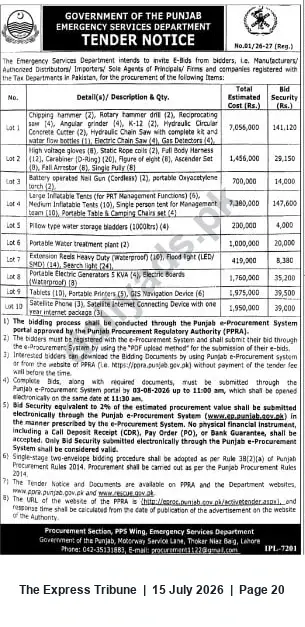Newspaper clipping: Punjab Emergency Services Department — e-Bids Invited for Multiple Rescue & Emergency Equipment Lots, The Express Tribune, 15 Jul 2026