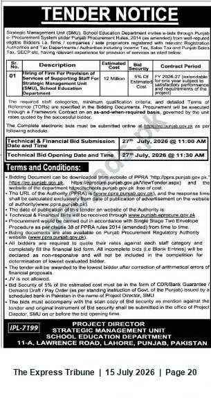 Newspaper clipping: Tender: Hiring of Firm for Provision of Support Staff for Strategic Management Unit (SMU), School Education Department, Punjab, The Express Tribune, 15 Jul 2026