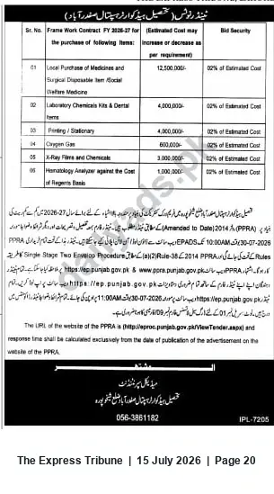 Newspaper clipping: Tender: Framework Contracts for Medical Supplies — THQ Hospital Safdarabad (FY 2026-27), The Express Tribune, 15 Jul 2026