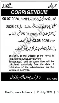 Newspaper clipping: Corrigendum: Khanewal Police Tender Deadline Extended to 03 Aug 2026, The Express Tribune, 15 Jul 2026