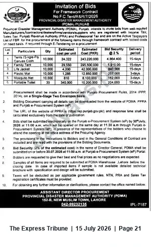 Newspaper clipping: PDMA Punjab Tender: Framework Contract for Tents and Relief Items (e-Procurement), The Express Tribune, 15 Jul 2026