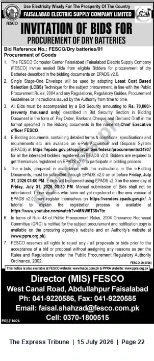 Newspaper clipping: FESCO Invitation to Bid — Procurement of Dry Batteries (Bid Ref: FESCO/Dry batteries/01), The Express Tribune, 15 Jul 2026