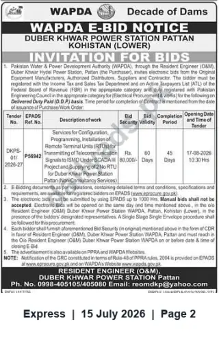 Newspaper clipping: WAPDA E-Bid: RTU Configuration, Installation and Supply for Duber Khwar Power Station, Pattan, Express, 15 Jul 2026
