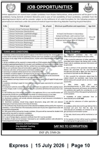 Newspaper clipping: Paramedical Clinical Technician Vacancies at King Abdullah Teaching Hospital, Mansehra, Express, 15 Jul 2026