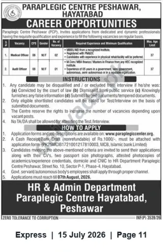 Newspaper clipping: Paraplegic Centre Peshawar Jobs — Medical Officer & Audit Officer (Hayatabad), Express, 15 Jul 2026