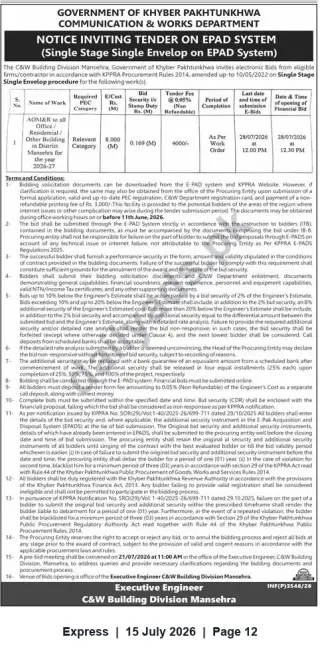 Newspaper clipping: C&W Mansehra Tender — AOM&R for Office/Residential/Other Buildings (Est. Rs. 8.0M), Express, 15 Jul 2026