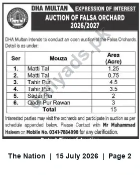 Newspaper clipping: DHA Multan Announces Open Auction of Falsa Orchards 2026/2027, The Nation, 15 Jul 2026