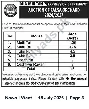 Newspaper clipping: DHA Multan Auction — Falsa Orchards 2026/2027 (6 Lots, Total 15 Acres), Nawa-i-Waqt, 15 Jul 2026