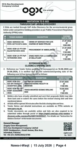 Newspaper clipping: OGDCL Invitation to E-Bid: Multiple Tenders & Revised Closing Dates (Jul–Aug 2026), Nawa-i-Waqt, 15 Jul 2026