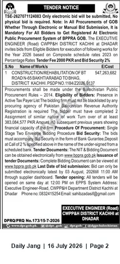 Newspaper clipping: Tender for Construction/Rehabilitation of BT Road N-65 (Bakhtiarabad to Bhag) — District Kachhi, Jang, 16 Jul 2026
