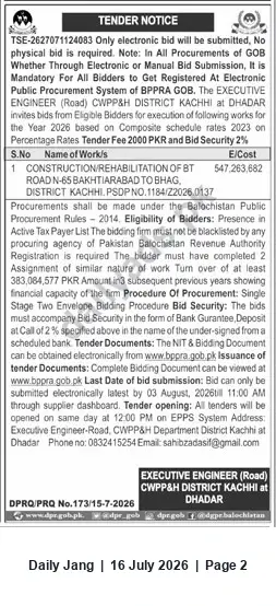 Newspaper clipping: Tender: Construction/Rehabilitation of BT Road N-65 (Bakhtiarabad to Bhag) — District Kachhi, Jang, 16 Jul 2026