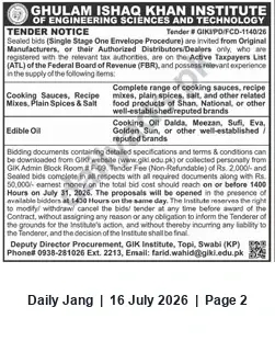 Newspaper clipping: GIK Institute Tender for Supply of Cooking Sauces, Spices and Edible Oil (Closing 2026-07-31), Jang, 16 Jul 2026