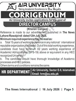 Newspaper clipping: Air University Corrigendum: Director Campus (Kharian) — Revised Experience Requirement, The News International, 16 Jul 2026