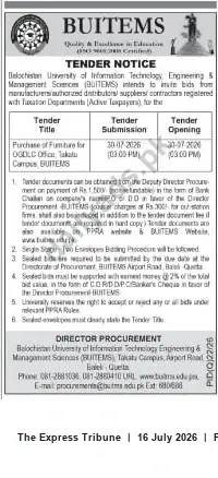 Newspaper clipping: BUITEMS Tender: Furniture for OGDCL Office, Takatu Campus, The Express Tribune, 16 Jul 2026