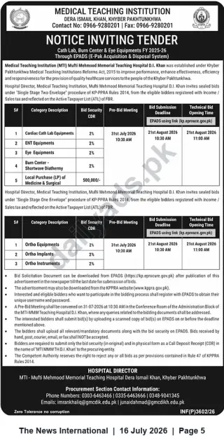 Newspaper clipping: Tender Notice — Cath Lab, Burn Center, Eye & Orthopaedic Equipment and Local Purchases | MTI Mufti Mehmood Memorial Teaching Hospital, D.I. Khan, The News International, 16 Jul 2026
