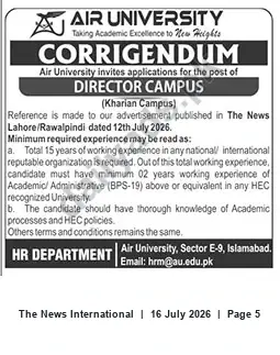 Newspaper clipping: Air University Corrigendum: Director Campus (Kharian Campus) – Revised Experience Requirement, The News International, 16 Jul 2026
