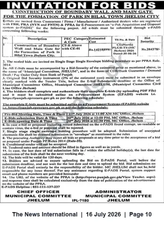 Newspaper clipping: Invitation for Bids: Boundary Wall & Main Gate for Park in Bilal Town, Jhelum City, The News International, 16 Jul 2026