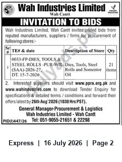 Newspaper clipping: Wah Industries Limited Tender for Dies, Tools and Steel Rolls (TE# 0033-FP), Express, 16 Jul 2026