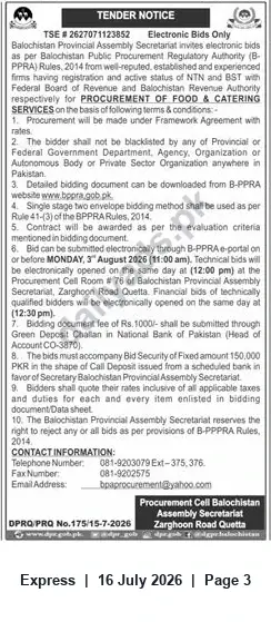 Newspaper clipping: Tender: Food & Catering Services — Balochistan Provincial Assembly Secretariat (e-Bids), Express, 16 Jul 2026