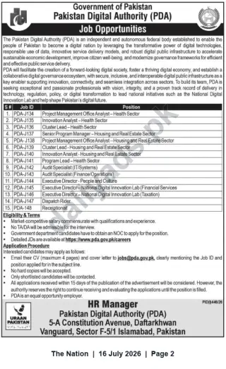 Newspaper clipping: Pakistan Digital Authority (PDA) — Multiple Job Opportunities in Islamabad, The Nation, 16 Jul 2026