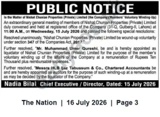 Newspaper clipping: Public Notice: Voluntary Winding-Up of Nishat Chunian Properties (Pvt) Ltd, The Nation, 16 Jul 2026