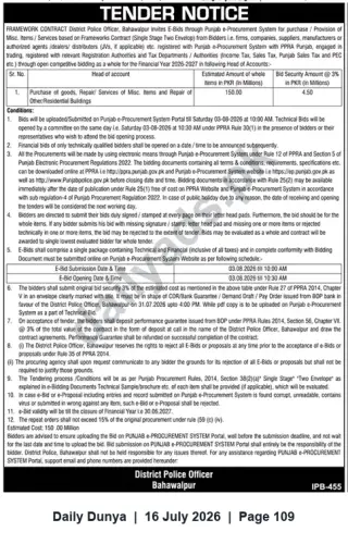 Newspaper clipping: Tender: Framework Contract for Purchase & Repair Services — District Police Officer Bahawalpur, Dunya, 16 Jul 2026