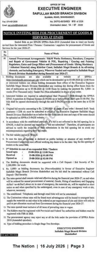 Newspaper clipping: Tender: Procurement of Goods & Services at EPADs — Executive Engineer Saifullah Magsi Branch Division, Shahdadkot, The Nation, 16 Jul 2026
