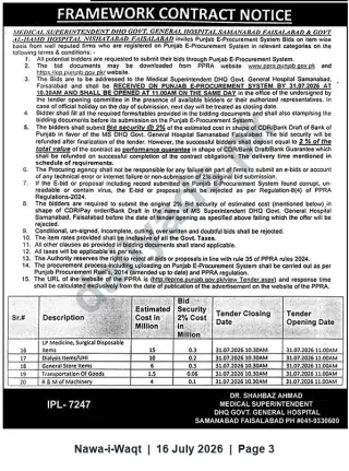 Newspaper clipping: Framework Contract Notice — Procurement for DHQ & Govt Al-Imad Hospitals, Samanabad & Nishatabad, Faisalabad, Nawa-i-Waqt, 16 Jul 2026