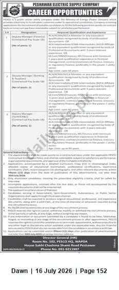 Newspaper clipping: PESCO Career Opportunities — Director General (HR), Dawn, 16 Jul 2026