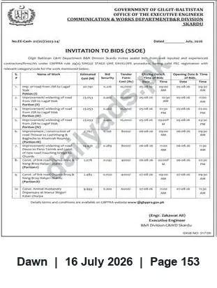 Newspaper clipping: Invitation to Bids — Executive Engineer, Communication & Works Department, B&R Division Skardu, Dawn, 16 Jul 2026