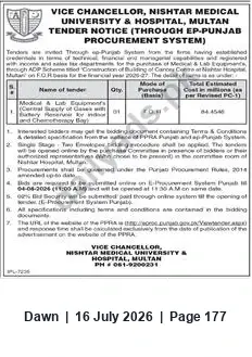 Newspaper clipping: Tender: Medical & Lab Equipment (ADP — Cancer Control Building) — Nishtar Medical University & Hospital, Multan, Dawn, 16 Jul 2026