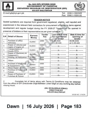 Newspaper clipping: EPI Gilgit-Baltistan Tender Notice — Procurement & Repair Works (Closing 2026-08-06), Dawn, 16 Jul 2026