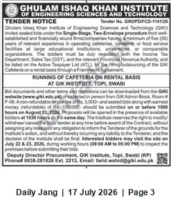 Newspaper clipping: GIKI Tender for Running Cafeteria on Rental Basis at Topi – Bid by 2026-08-03, Jang, 17 Jul 2026