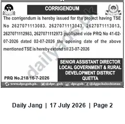 Newspaper clipping: Corrigendum: Tender opening extended to 23 July 2026 for multiple TSE projects in Quetta, Jang, 17 Jul 2026