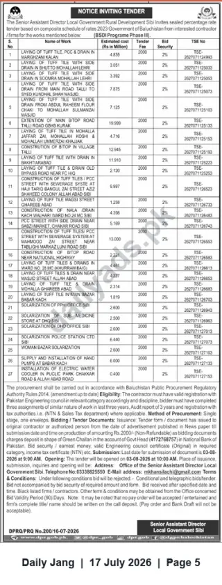 Newspaper clipping: Notice Inviting Tender — BSDG Programme Phase-III | Local Government & Rural Development Sibi, Jang, 17 Jul 2026