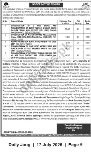 Newspaper clipping: Irrigation Division Sibi — Notice Inviting Tenders for Multiple Irrigation & Flood-Protection Works (2026-27), Jang, 17 Jul 2026