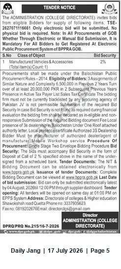 Newspaper clipping: Tender for Supply of Manufactured Vehicles & Accessories — Directorate of Colleges, Quetta, Jang, 17 Jul 2026