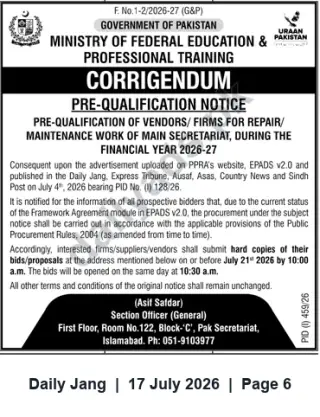 Newspaper clipping: Pre-Qualification Notice: Repair & Maintenance of Main Secretariat (FY 2026–27) — Ministry of Federal Education & Professional Training, Jang, 17 Jul 2026