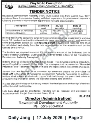 Newspaper clipping: RDA Rawalpindi Tender for Janitorial/Cleaning Services — Rs13.300M, Jang, 17 Jul 2026