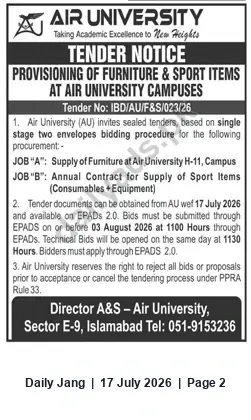 Newspaper clipping: Air University Tender for Furniture and Sports Items (Tender No. IBD/AU/F&S/023/26), Jang, 17 Jul 2026