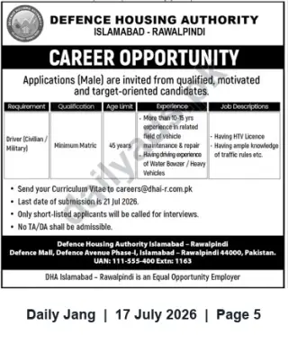 Newspaper clipping: Driver (Heavy Vehicles) Vacancy — Defence Housing Authority Islamabad-Rawalpindi, Jang, 17 Jul 2026