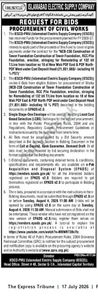 Newspaper clipping: IESCO Request for Bids – Construction of Tower Foundations & Reconductoring of 132 kV Line (Wah POF East / POF North-West), The Express Tribune, 17 Jul 2026