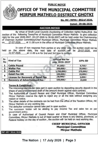 Newspaper clipping: Municipal Auction Notice — Collection Rights for Mirpur Mathelo (FY 2026–27), The Nation, 17 Jul 2026