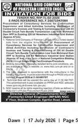 Newspaper clipping: NGC Tender TL 02-1926 — Testing & Commissioning of 229 kV HPP at Nowshera Industrial Grid Station, Dawn, 17 Jul 2026