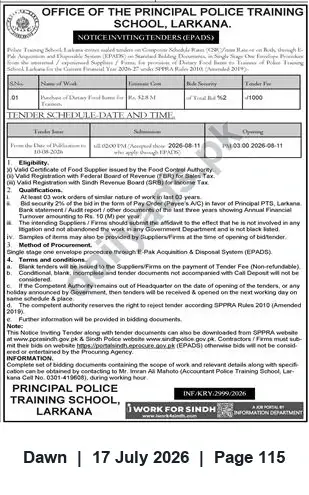 Newspaper clipping: Tender Notice — Supplies for Police Training School, Larkana (EPADS), Dawn, 17 Jul 2026